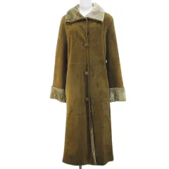 クリスティア CHRISTIA リバーシブル 羊革 ムートンコート ロング丈 44 茶系 キャメル ファー ボタン 刺繍 ステッチ ボタン イタリア製