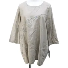 ラ・イマージュ la IMAGE 七分袖 チュニック F ベージュ 刺繍 切替 ギャザー タグ付