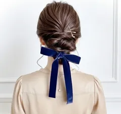 【ネイビー】ワイド ベロアリボン　ポニーフック ブライダル 卒業式 結婚式 ヘアリボン
