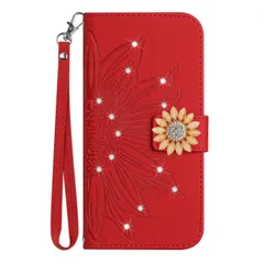 【新着商品】iphone 13 / iphone 14 用 ケース 手帳型 かわいい おしゃれ 花柄 きらきら ラインストーン ひまわり 花 デザイン ストラップ 付き カード 収納 耐衝撃 アィフォン 13/14 スマホケース ハンドメイド 女性 優雅 純色