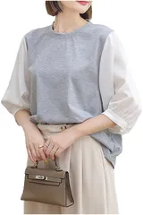 [ネコート] レディース カットソー トップス シフォン 七分袖 ボリュームスリーブ 切り替え カジュアル 通勤 軽量 春 夏 秋 ネイビー×ストライプ [ネイビー/ストライプ] [Free Size]
