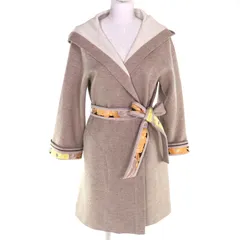 極美品△LEONARD FASHION レオナール ファッション 一部総柄 ベルト・フード付き ラップコート ウールコート ベージュ系 36 日本製 正規品 レディース