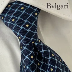 《美品》Bvlgari (ブルガリ) シルクネクタイ 総柄  格子 ネイビー ライトブルー ゴールド ホワイト