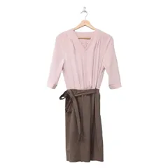 JUSGLITTY(ジャスグリッティー) ワンピース サイズ1 S レディース美品  - カーキ×ピンクベージュ Vネック/七分袖/ひざ丈