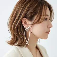 【 イヤカフ / ピアス / イヤリング 】サテンリボン ゴールド ハート ロング ホワイトリボン お呼ばれ 結婚式 ウェディング 耳飾り アレルギー対応