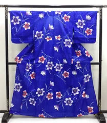 中古品　レディース　浴衣　夏着物　青色　格子　花　綿　R636