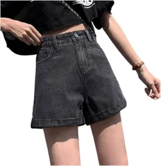 AQUA Marine ハイウエストデニムショートパンツ ショーパン 美脚 脚見せ カジュアル 黒デニム 韓国ファッション ボトムス ストリート系 着回し (デニムブラック,  S)