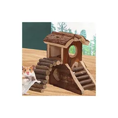 Onkemu ハムスターハウス 二階建て 木製 小動物 隠れ家 飼育ケージ ペット用品 遊び場 おもちゃ 運動不足解消 おもちゃ 住宅 運動器具 ベッド 遊び場 ケージ飾り部品 ハムスター用品 1のサムネイル