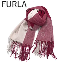 フルラ FURLA マフラー ストール ラインストーン 花デザイン 大きめチェック レッド くすみピンク