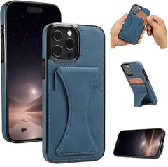 grooblue スマホケース 縦置き 横置き 両対応 スタンド付き レザー カード収納 耐衝撃 衝撃吸収 軽量 おしゃれ シンプル (ブルー,  iphone_16)のサムネイル