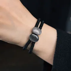 手作り銀曜石と黒檀の2連ブレスレット 漆黒の中に広がる銀の輝き シンプルヴィンテージ風 男女兼用 手作り ハンドメイド アクセサリー プレゼント おしゃれ 誕生日 ギフト 数量限定  SGSP055