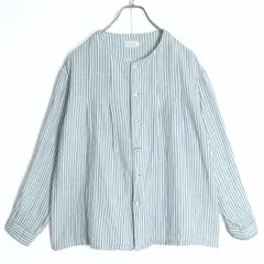 【美品】ナチュラルランドリー★ふんわりガーゼ♪長袖ブラウス サイズ2 白×青系 前開き ストライプ柄 薄手 z19234のサムネイル