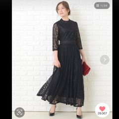 美品 LACE LADIES レース　オケージョンドレス  ロングワンピース M ブラック 総レース お花 透け感 七分袖 ロング丈 おしゃれ かわいい 結婚式 二次会 パーティ セレモニー  フォーマル　マキシワンピース