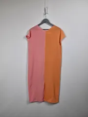 ピンク/オレンジ カラーブロック ノースリーブ スリット ONE PIECE レディース フリーサイズ 0402