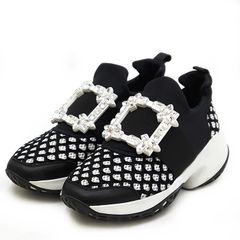 【美品】Roger Vivier ロジェヴィヴィエ スニーカー 36 レディース Viv' Run ヴィブ ラン ソックスニーカー クリスタルビジュー テクニカルメッシュ / スウェード レザー スリッポン シューズ 靴 ブラック ホワイト 黒 白 イタリア製