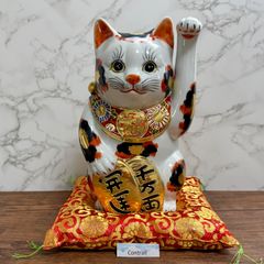 願いが叶う】九谷焼 タッチ猫 下野邦子作 イッチン 華盛り 作家 招き猫