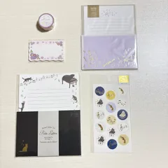 紫色 楽器・音楽デザイン レターセット まとめ売り 手紙セット 5点セットレターセット・ステッカー・ミニカード・マスキングテープ
