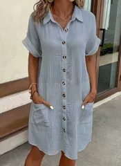 【グレー】レディース ワンピース シャツワンピ ボタンワンピ ポケット付き 半袖 夏 コットン ゆったり 体型カバー 膝丈 前開き ナチュラル カジュアル