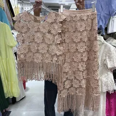 レース フリンジ タンクトップ &ゴムウエストスカート 2点セット 透かし模様 大人 エレガントカジュアル 体型カバー