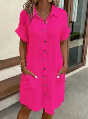 【プラムレッド】レディース ワンピース シャツワンピ ボタンワンピ ポケット付き 半袖 夏 コットン ゆったり 体型カバー 膝丈 前開き ナチュラル カジュアル