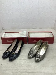 H4 Salvatore Ferragamo フェラガモ ガンチーニ ローヒール パンプス２点セット サイズ 8 B 黒 メタリック 現状品