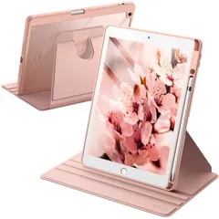 JETech 回転ケース iPad 9/8/7 (10.2インチ、2021/2020/2019モデル、第9/8/7世代用) Pencilホルダー付き 360°保護 スタンドカバー クリアバック 自動ウェイク/スリープ (ローズゴールド)