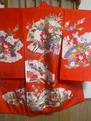 お宮参り 一つ身着物、長襦袢セット 朱色 女の子 金彩加工 - メルカリ
