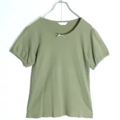 【美品】ピンクハウス★エレガントなロゴ刺しゅう♪ パフ袖カットソー サテンリボン ピコレース サイズ4(L) グリーン系 z19178