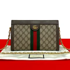 極 美品 袋付き GUCCI グッチ オフィディア シェリーライン GG ロゴ 金具 レザー チェーン ショルダーバッグ ポシェット ブラウン 25847