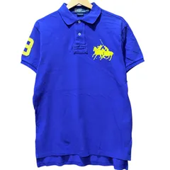 90年代 Polo by Ralph Lauren ポロバイラルフローレン ポロシャツ 鹿の子 カスタムフィット ビッグポニー ナンバリング 刺繍 メンズM 古着 ブルー イエロー 青色 黄色【ポロシャツ】/ MS256