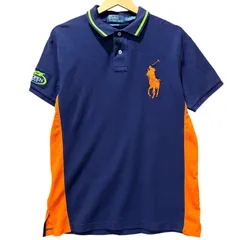 Polo by Ralph lauren ポロバイラルフローレン ビッグポニー ポロシャツ 2011年 US OPEN テニス カスタムフィット 鹿の子 メンズM 古着 2トーン切替 オレンジ ネイビー 紺色【ポロシャツ】/ MS258