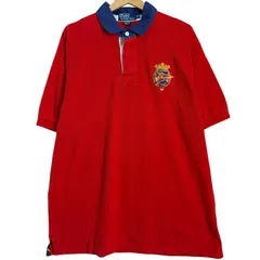 90年代 Polo by Ralph Lauren ポロ ラルフローレン エンブレム刺繍 鹿の子 ラガーシャツ メンズXL 古着 半袖ポロシャツ ワンポイントロゴ 赤 紺【ポロシャツ】/ MS259