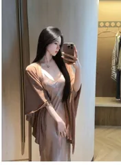 送料無料 セットアップ ワンピース レディース 高見え 上品 おしゃれ 初夏 ニット カーディガン キャミソールドレス 2点セット Vネック ギャザー ウエスト 絞り シャンパンローズ S M L かわいい スタイリッシュ