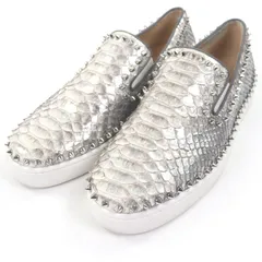 【ドンドン見直し】美品□Christian Louboutin クリスチャンルブタン PIK BOAT FLAT PYTHON BRONTE パイソン スパイクスタッズ スリッポン シルバー 42 EU製 メンズ