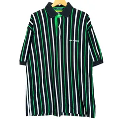 90年代 TOMMY HILFIGER トミーヒルフィガー ストライプ柄 半袖 ポロシャツ メンズL 古着 鹿の子 刺繍入り 100%コットン 襟切り替え ブラック グリーン ホワイト【ポロシャツ】/ MS264