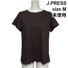 ◇ 未使用 ジェイプレス J.PRESS コンパクトコットンスムース 裾刺繍 カットソー Tシャツ 半袖 ダークブラウン 綿 M 9号 レディース S6D053