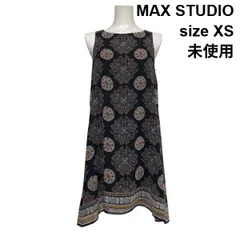 □ 未使用 マックススタジオ MAX STUDIO スカーフプリント シフトドレス ひざ丈ワンピース ノースリーブ 黒 XS 5号 レディース S6D058のサムネイル
