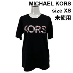 □ 未使用 マイケルコース MICHAEL KORS Tシャツ トップス 半袖 ビーズ 花 クルーネック 黒 ピンク コットン XS 5号 レディース S6D073