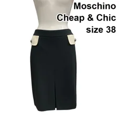 ◇ Moschino Cheap & Chicボックススカート ひざ丈 両サイドフラップ付き 黒 白 トリアセテート 38 M 9号 レディース Z6B370のサムネイル
