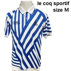 □ ルコックスポルティフ le coq sportif ポロシャツ 幾何学的 ストライプ柄 ゴルフライン 白 ブルー Ｍ メンズ S6D040
