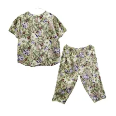 ヴィンテージ トロピカル フローラル イェロー コットン ブラウス パンツ セットアップ M