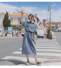 デニム ワンピース 即購入OK シャツワンピース デニムワンピース ロング 長袖 前開き レディース ワンピ ロングワンピース デニム ウエストリボン 膝下丈 大きいサイズ スリット入り ベルト付き おしゃれ 着