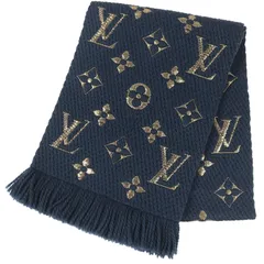 美品△LOUIS VUITTON ルイヴィトン 2018年製 M70815 エシャルプ ロゴマニア シャイン ウール シルク フリンジ マフラー ネイビー ゴールド 箱・保存袋付き イタリア製 メンズ