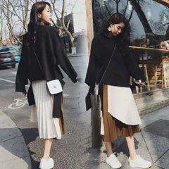 Lサイズ3点のみ！ セットアップ トップス スウェット トレーナー オーバーサイズ プリーツスカート ウエストゴム ミモレ丈 バイカラー 大きいサイズ カジュアル モード ガーリー