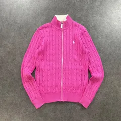POLO GOLF RALPH LAUREN ポロゴルフ ラルフローレン 長袖 ケーブルニット コットン ジップセーター ジャケット ワンポイント刺繍 ピンク レディース