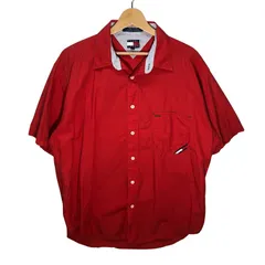 90's vintage 90年代 ヴィンテージ TOMMY JEANSトミージーンズ 半袖 シャツ ボタンダウン フロントロゴ刺繡 インドネシア製 Lサイズ レッド