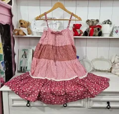 no0327ピンク ギンガム フラワー パッチワーク ONE PIECE