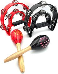 Flatland Maracas Tambourine Instrument Set, Wooden Percussion Instruments, for Handmade Karaoke (Red & Black)