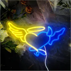 Flatland Fltland ネオンサイン ハート ネオンライト 壁掛け ネオン看板 LED 電飾 USB 天使 悪魔 インテリア (ブルー＆イエロー)