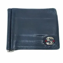 グッチ GUCCI 二つ折り財布 マネークリップ インターロッキング ロゴ レザー 黒 紺 ブラック ネイビー 系 0726